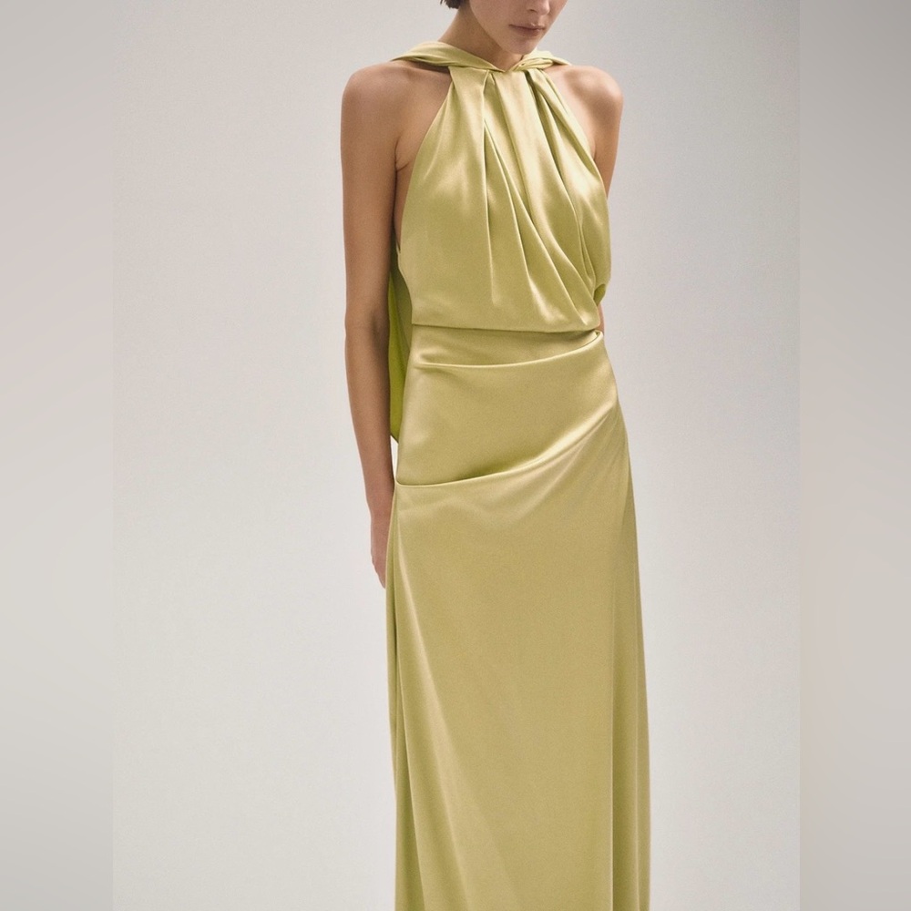 Rachel Gilbert Olive Satin Halter Maxi Dress
